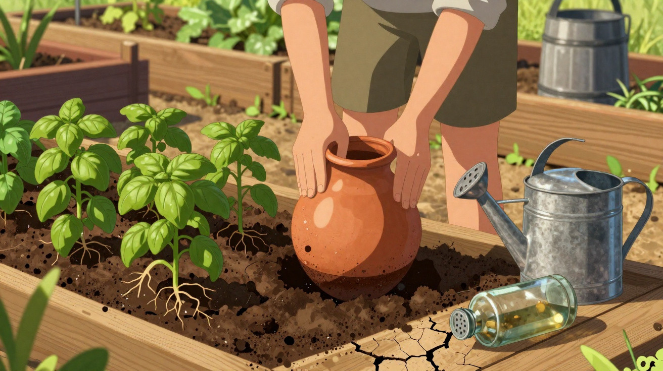 Person planting a clay watering pot in a raised vegetable garden bed with basil plants and tools nearby.
