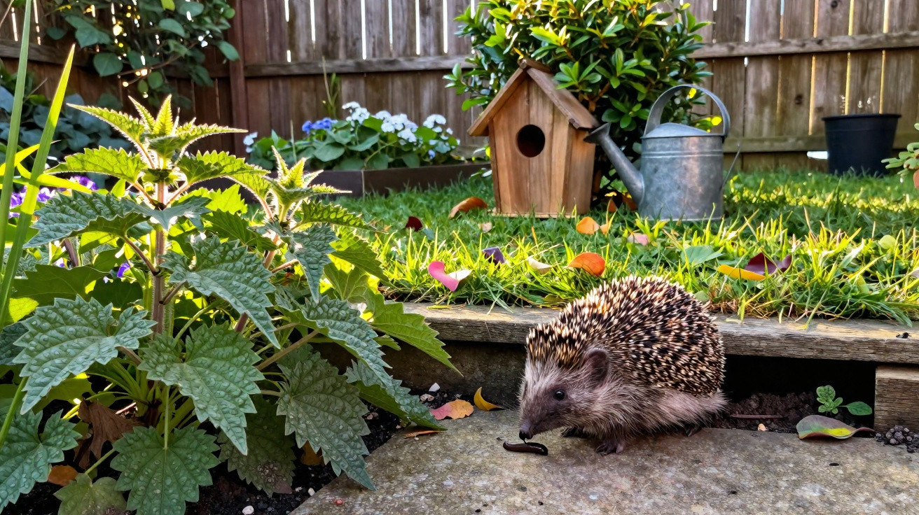 Hedgehog on a garden path near green plants, a wooden birdhouse, and a watering can in the background.