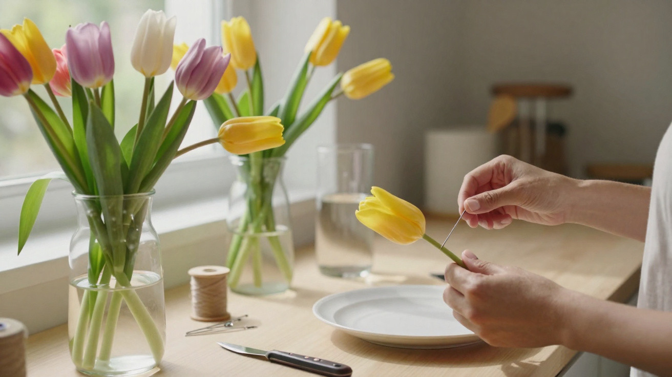 Person arranging yellow tulips in a vase on a wooden table by a window with natural light.
