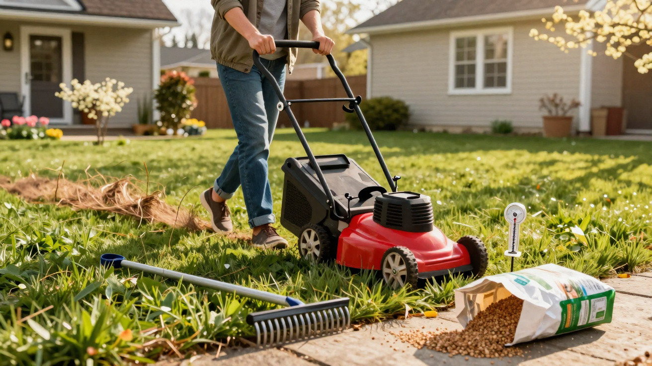 Person using a red lawn mower on a grassy yard with a rake and spilled fertilizer bag nearby.
