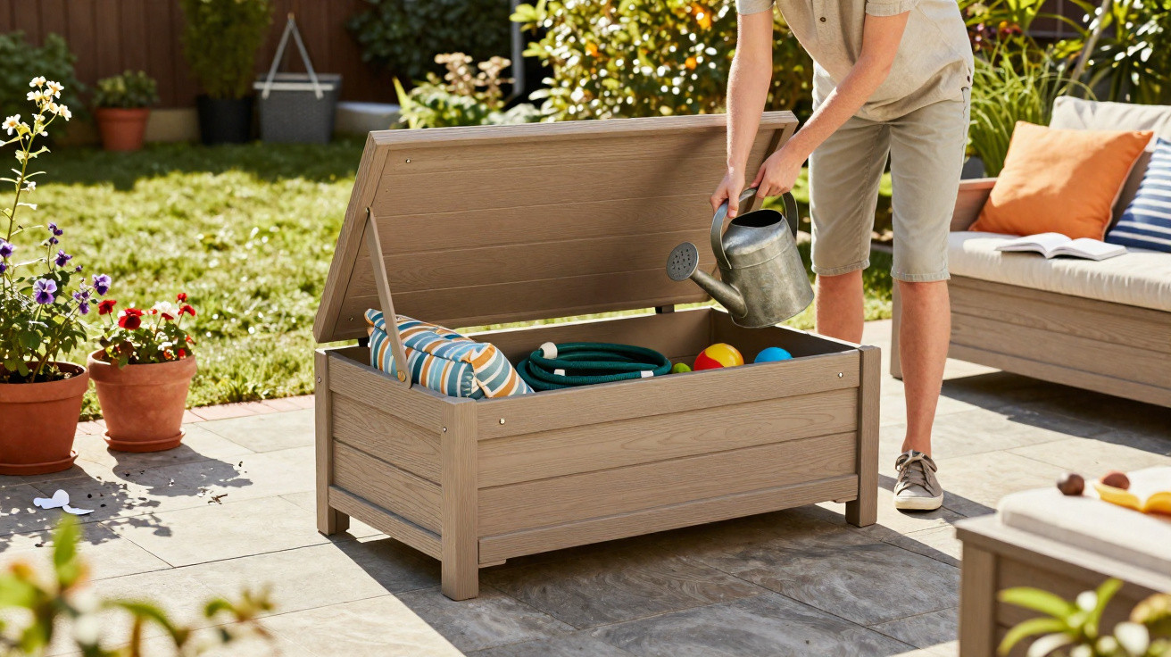 Person placing a watering can into an open wooden garden storage box on a sunny patio.