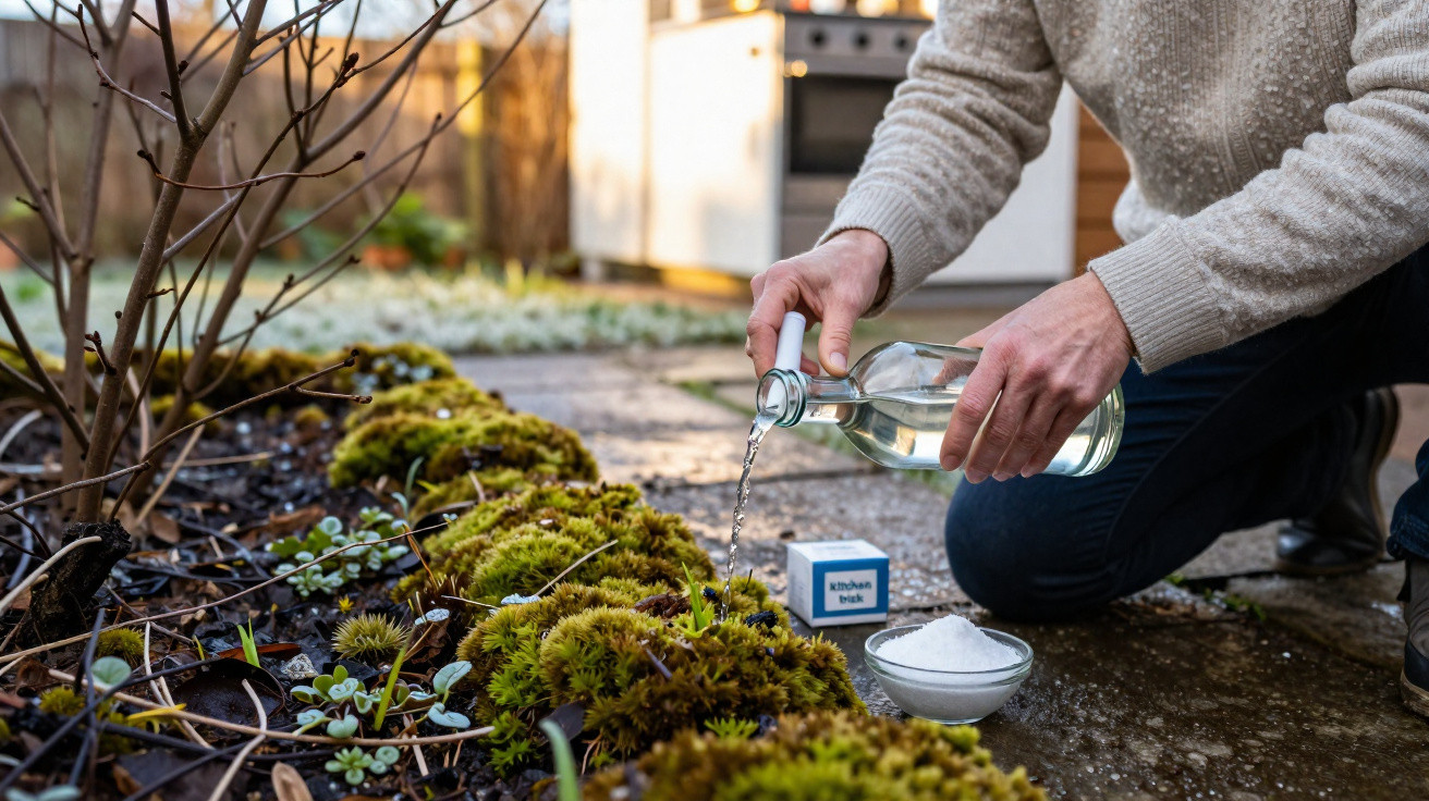 Person pouring clear liquid from a bottle onto moss in a garden with salt in a glass bowl nearby.