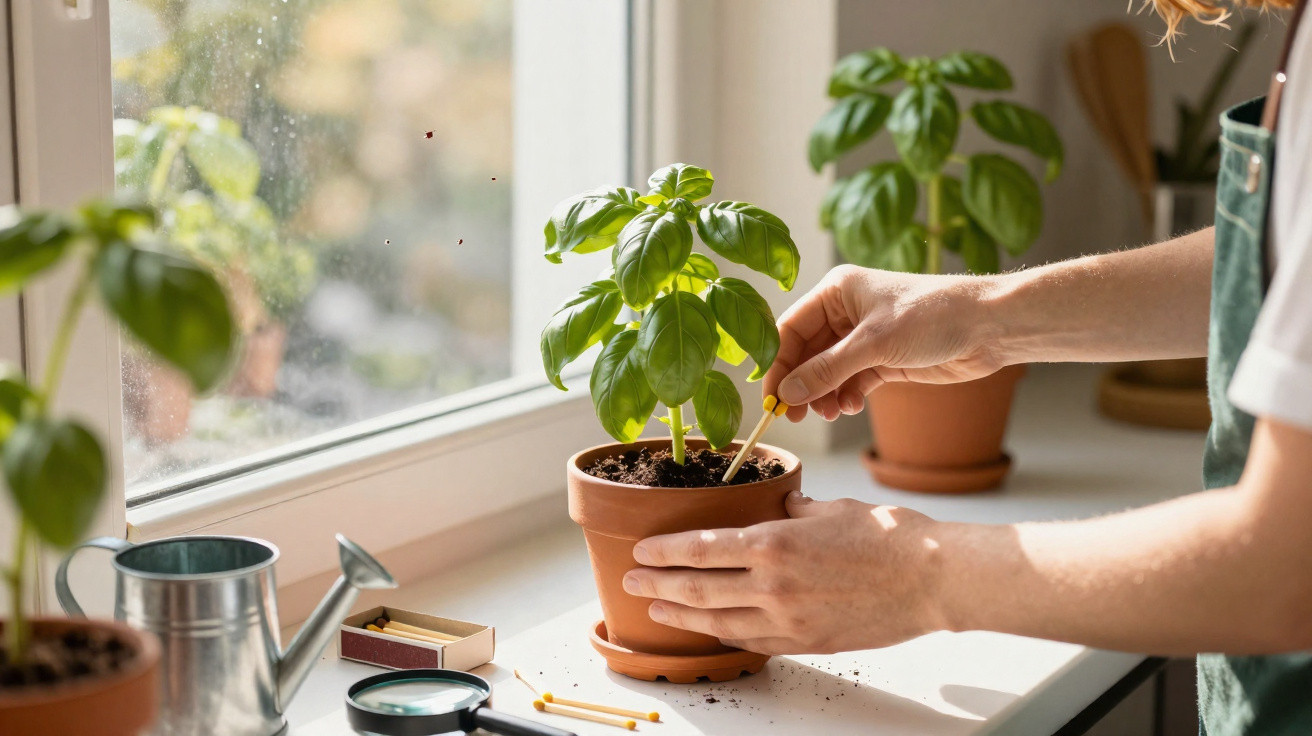 Person tending to basil plant in terracotta pot on sunny windowsill with gardening tools nearby.