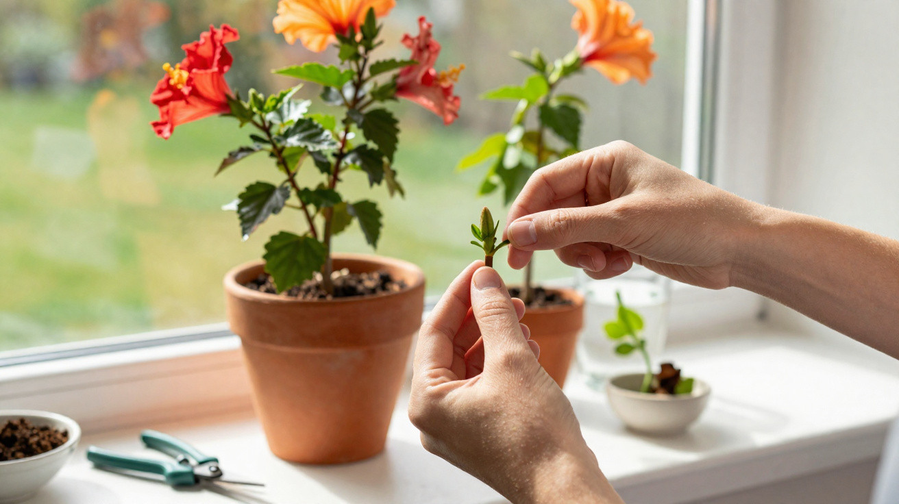 Hands pinching a young green plant cutting by flowering hibiscus plants on a windowsill.