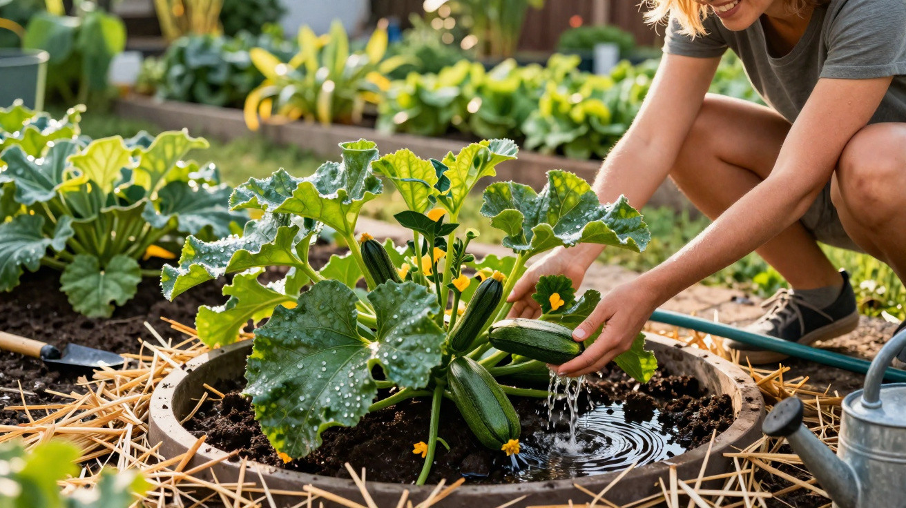 Person harvesting fresh zucchini growing in a garden bed with watering can and gardening tool nearby.