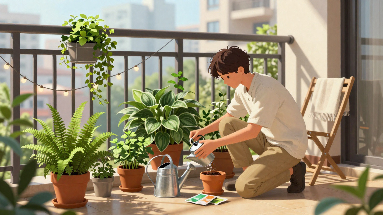 Young person watering potted plants on a sunny balcony with city buildings in the background.