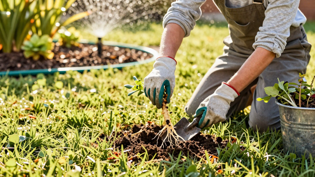 Person wearing gloves planting a young seedling in the soil in a sunny garden with a watering hose nearby.