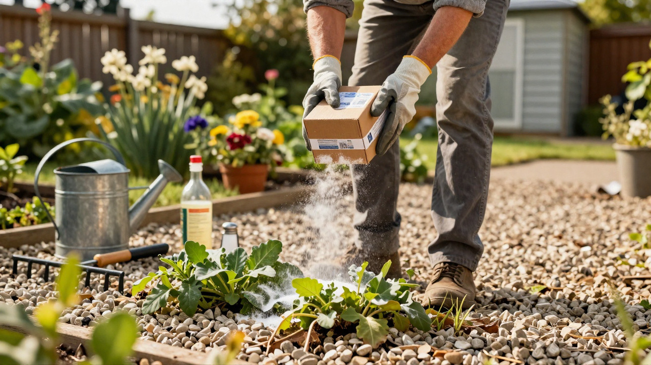 Person wearing gloves spreading fertiliser or plant treatment powder in a gravel garden bed with plants.