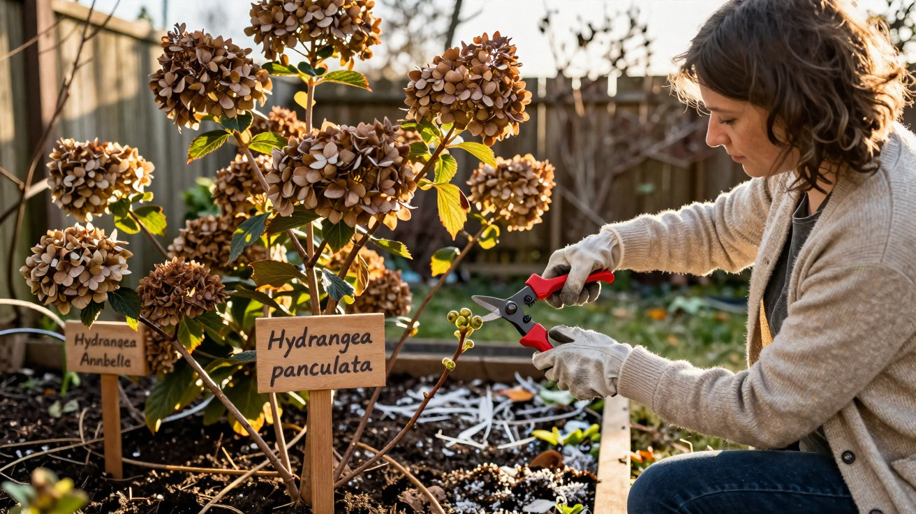 Person pruning Hydrangea paniculata with garden shears in a backyard garden during daylight.