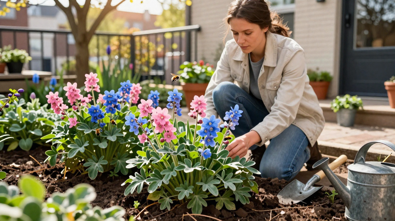 Woman gardening colourful blue and pink flowers in a sunny backyard with watering can nearby.