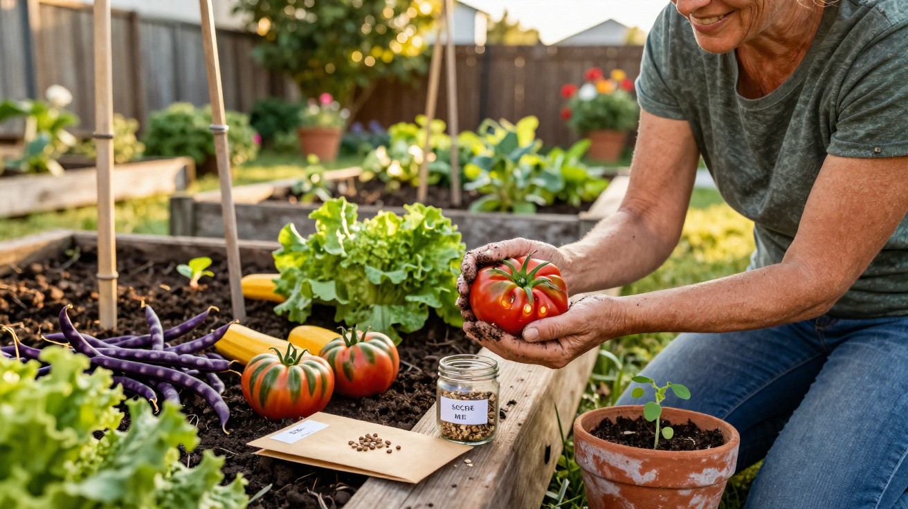 Person holding a large ripe tomato in a garden with fresh vegetables and seed packets on raised beds.