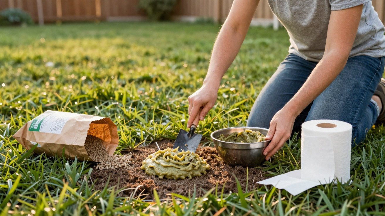 Person kneeling on grass, using a trowel to apply bait on soil in a garden setting.