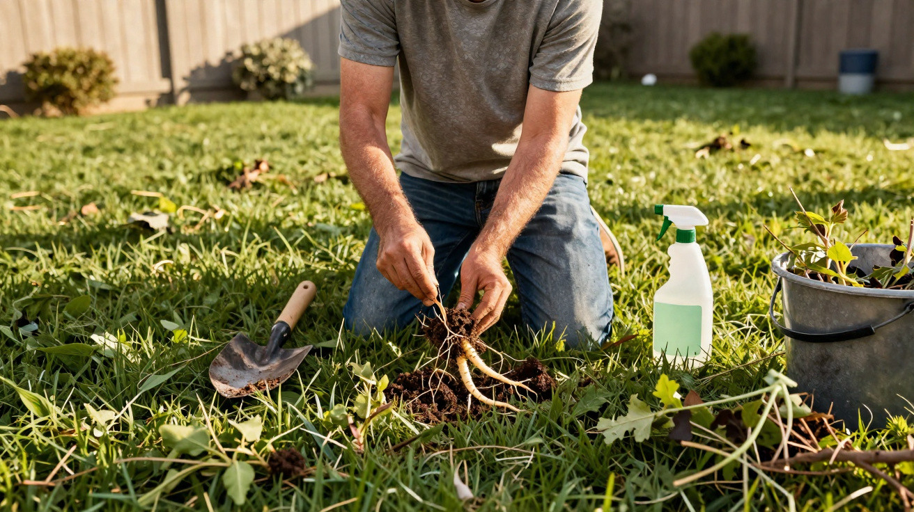 Person kneeling on grass pulling a large root out of the soil with gardening tools nearby in a backyard.