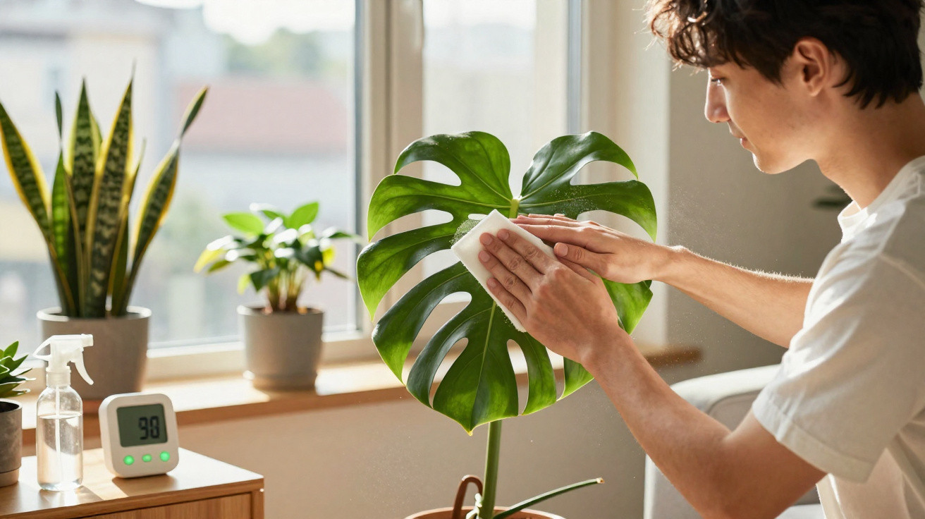 Person cleaning a large green monstera leaf indoors near a window with potted plants and a digital thermometer.