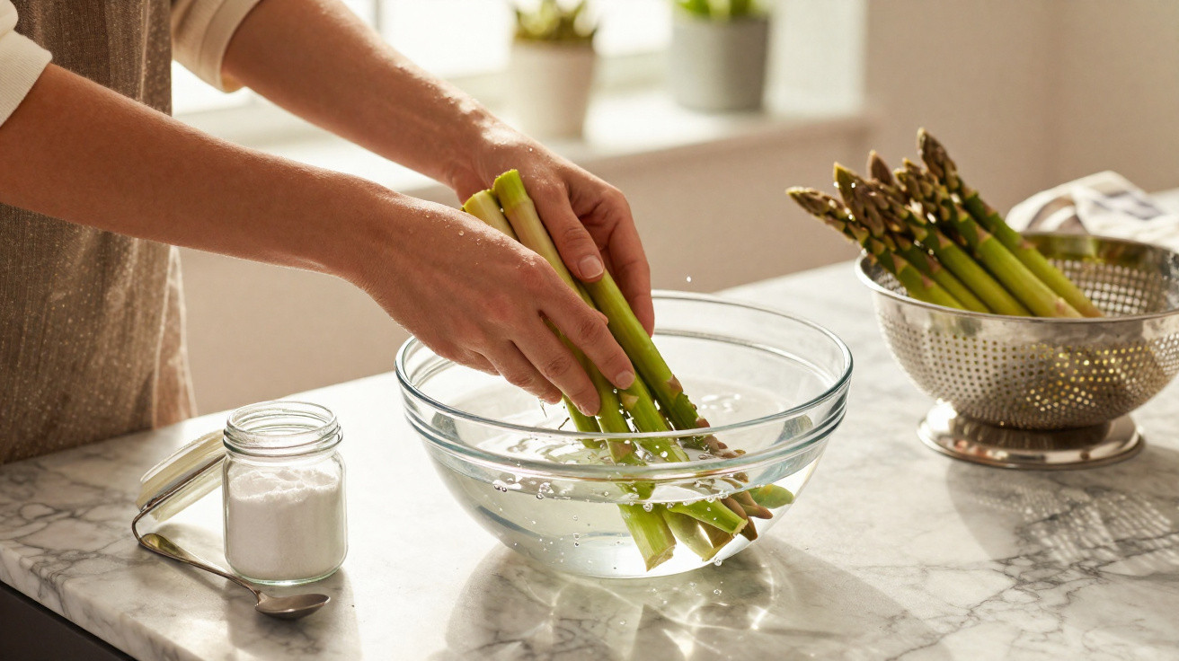 Hands washing fresh asparagus stalks in a clear glass bowl of water on a marble kitchen countertop.