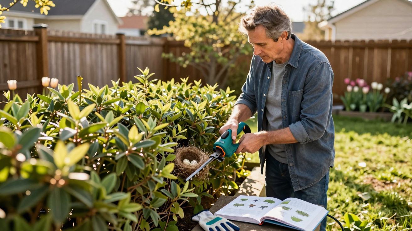 Man trimming a bush with electric shears near a bird's nest with eggs in a sunny garden.