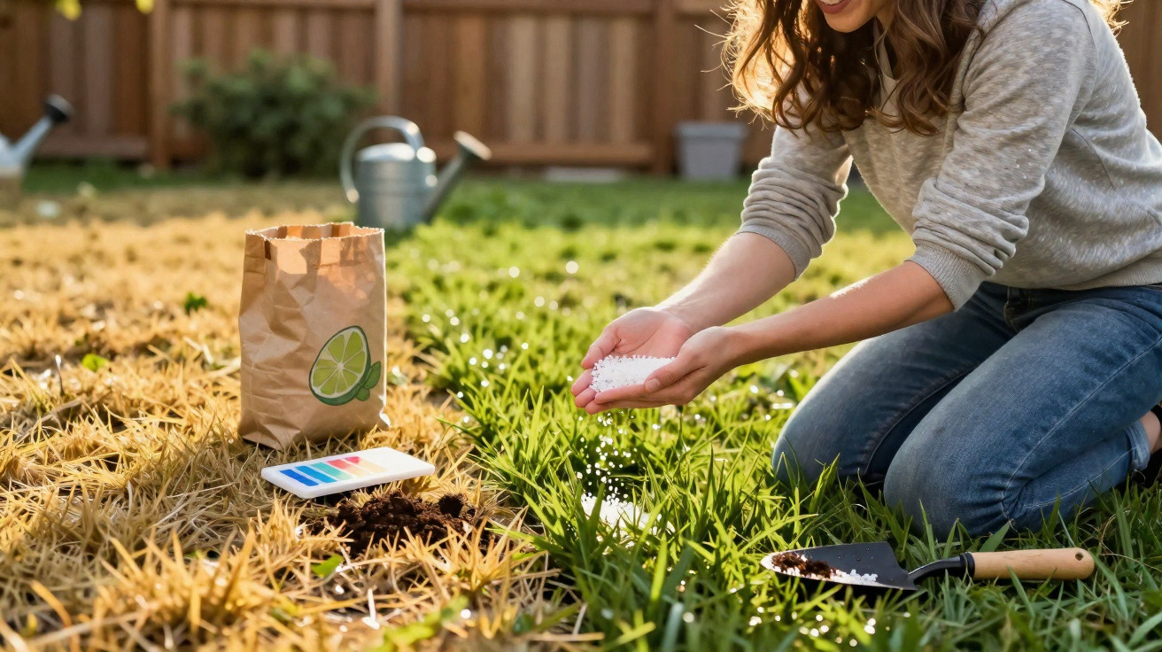Person kneeling on grass applying fertiliser to dry lawn with gardening tools and watering can nearby.