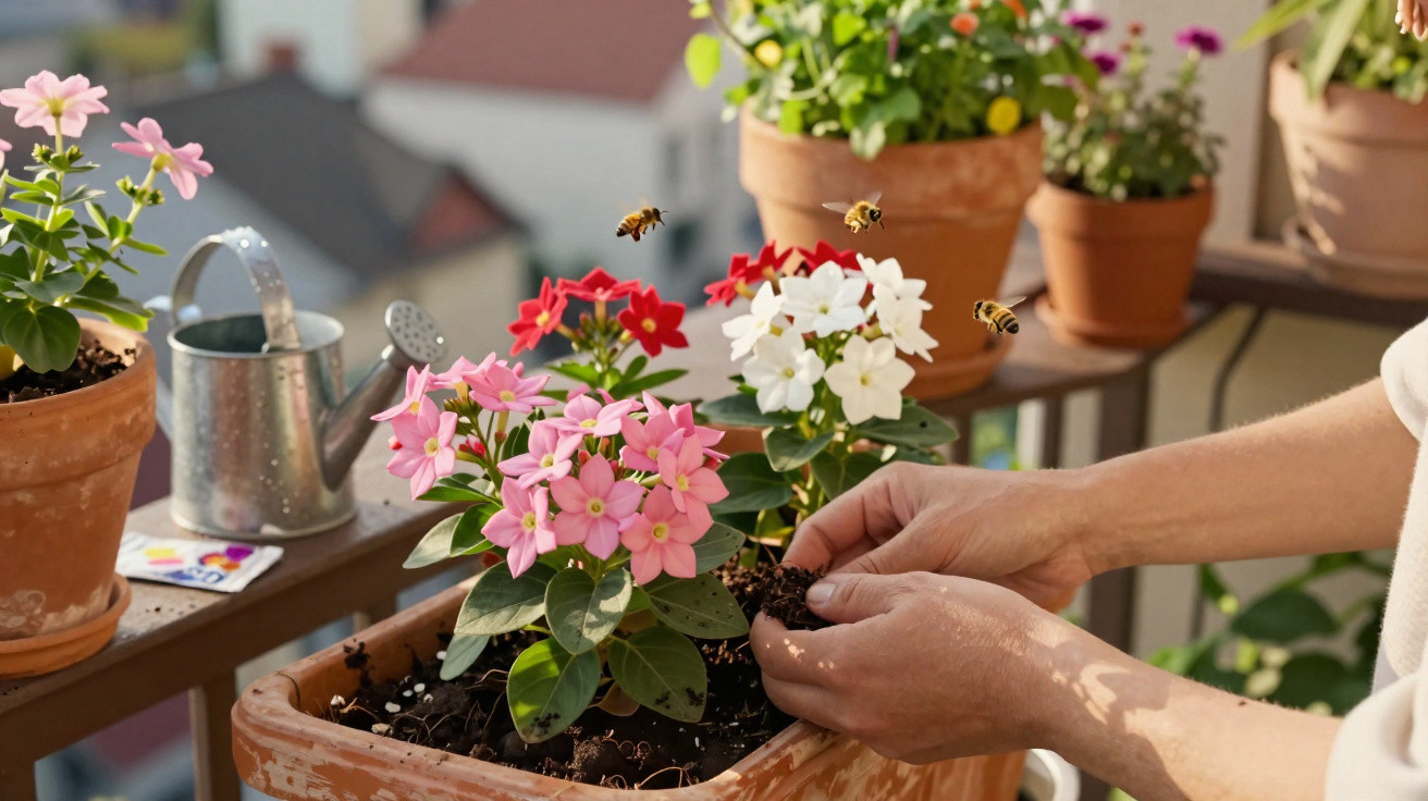 Hands planting pink and white flowers in a pot with three bees flying around on a balcony.