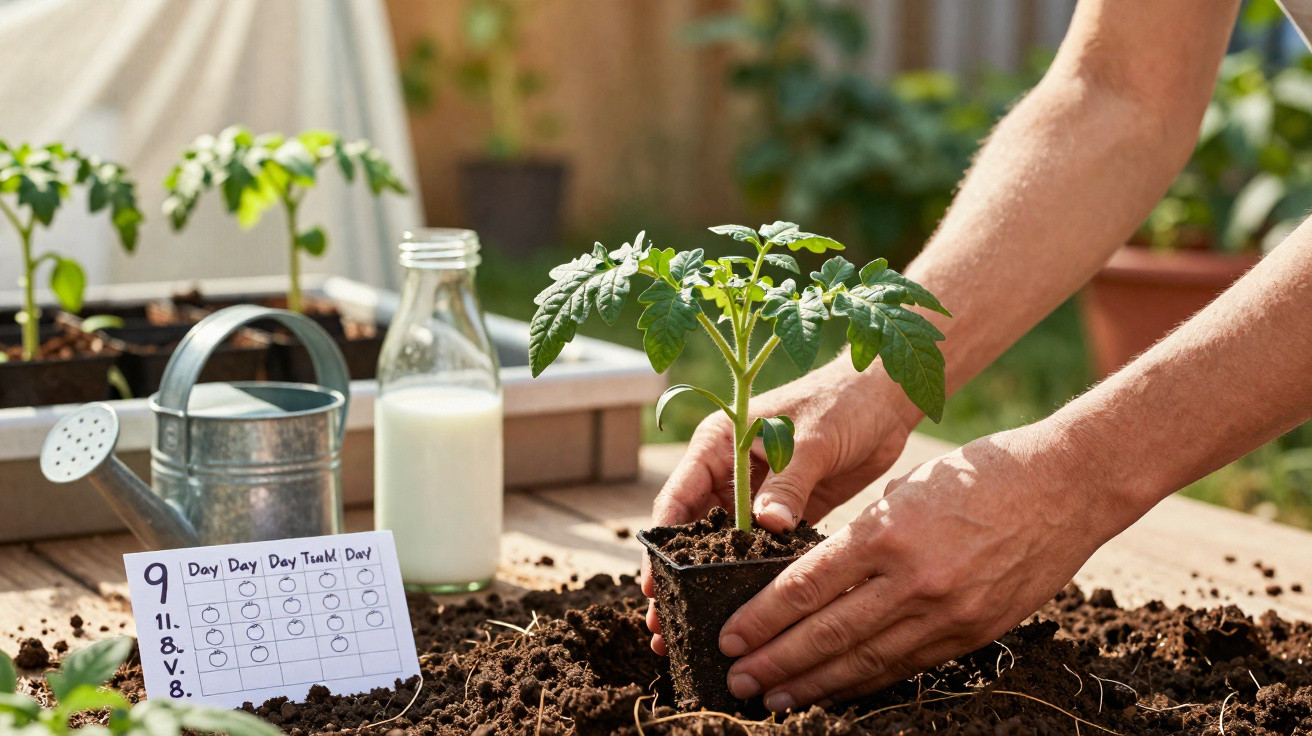 Hands planting a young tomato seedling into soil on a wooden table with gardening tools nearby.