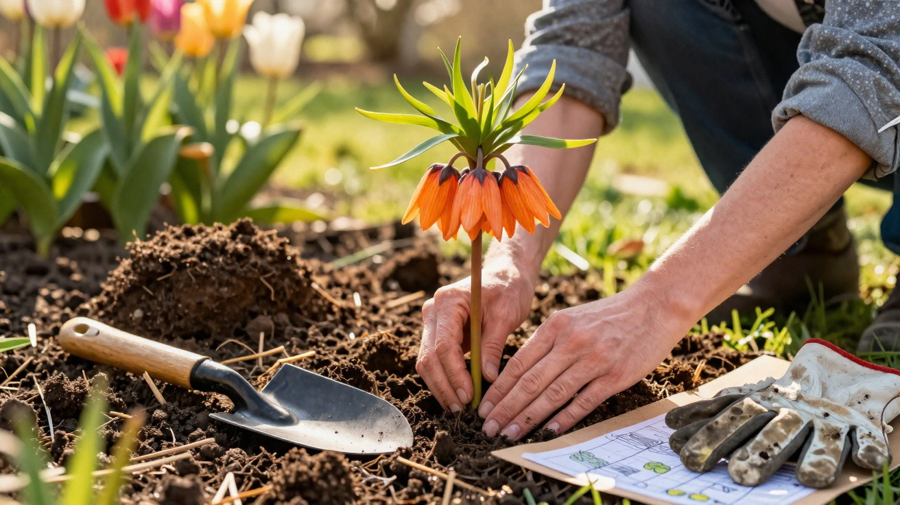 Person planting an orange crown imperial flower in soil with gardening tools and gloves nearby in a garden.