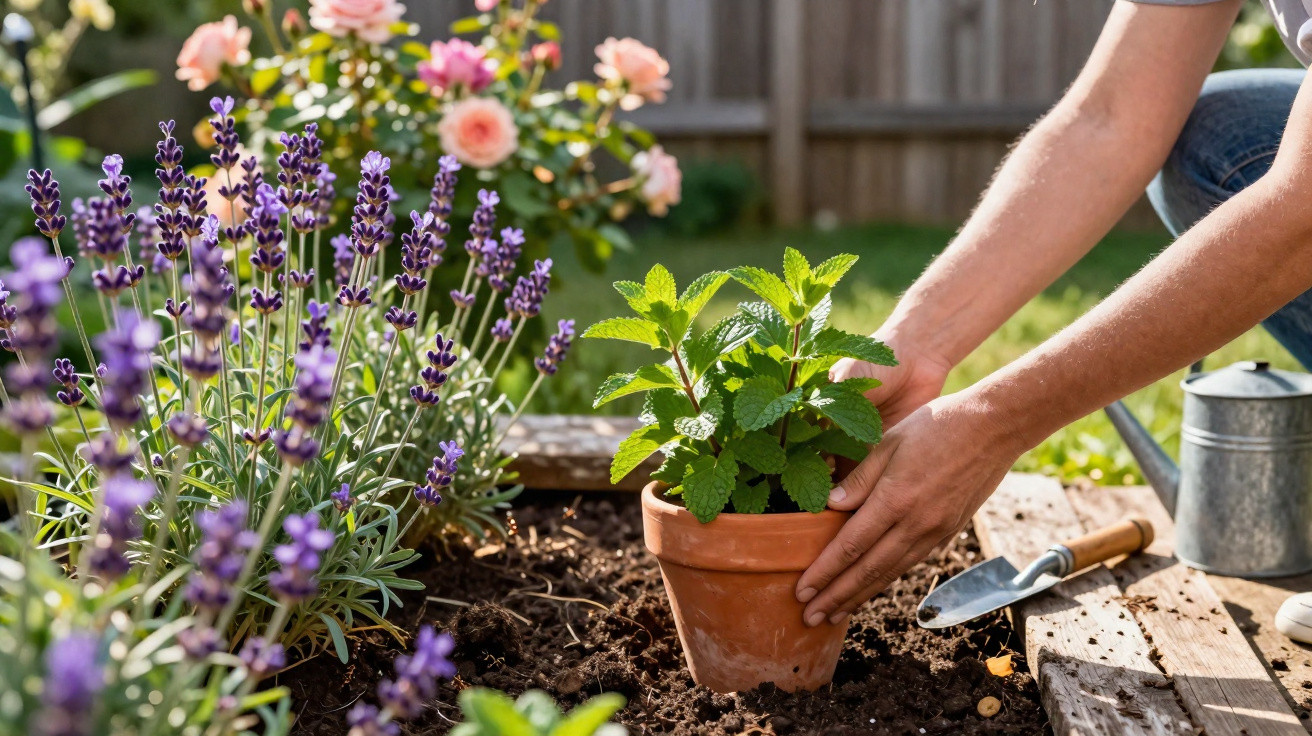 Hands planting a green herb in a terracotta pot in a garden with lavender and flowers in the background.