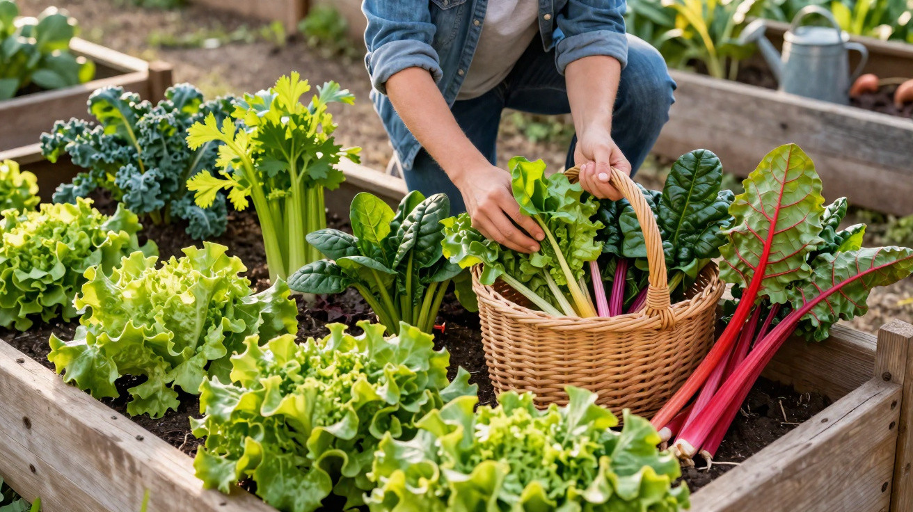 Person harvesting fresh leafy greens and colourful Swiss chard into a wicker basket in a raised garden bed.