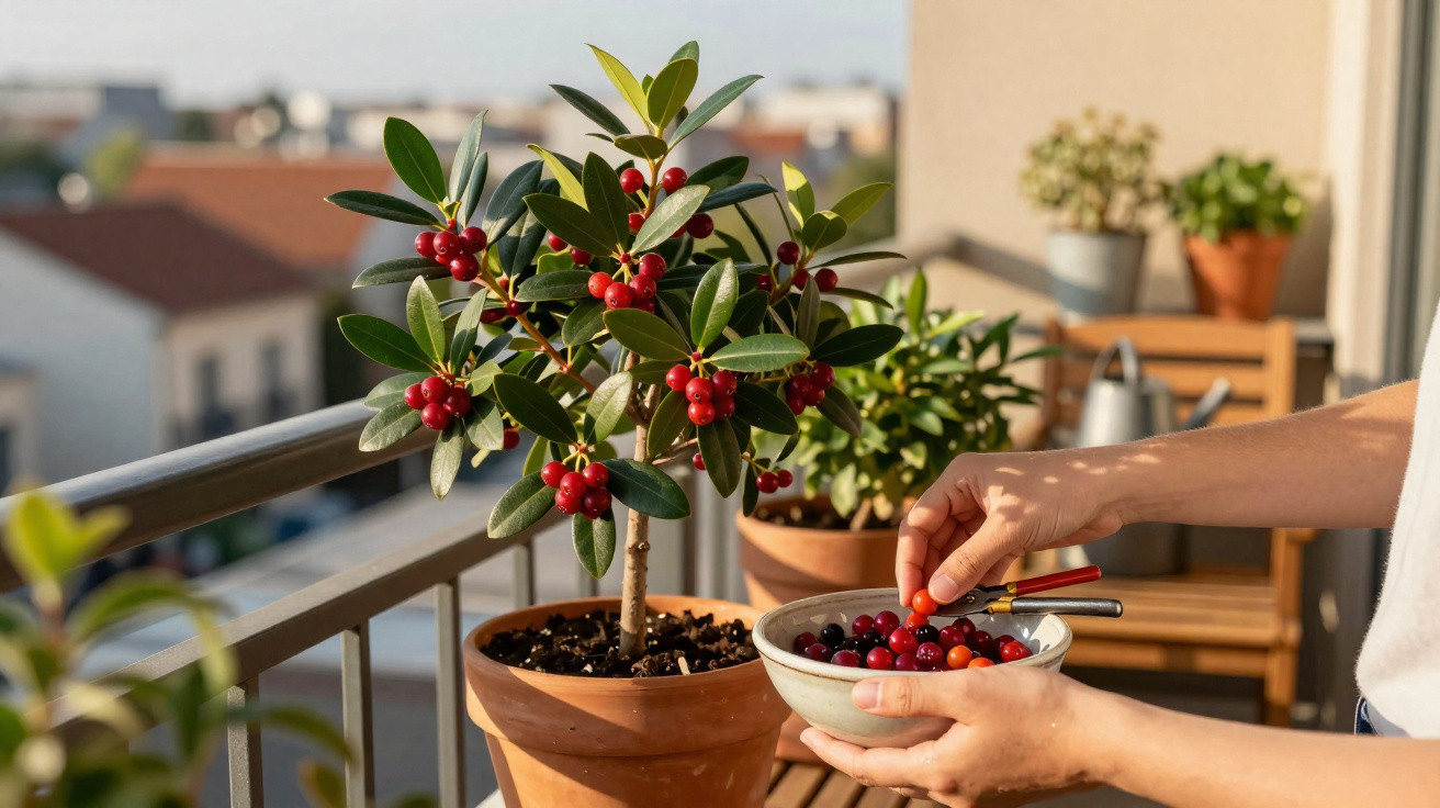 Person harvesting red and purple berries from a potted plant on a sunlit balcony.