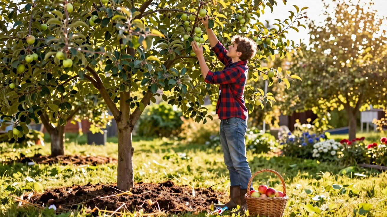 Young boy in a red plaid shirt picking apples from a tree in a sunny orchard with a basket nearby.