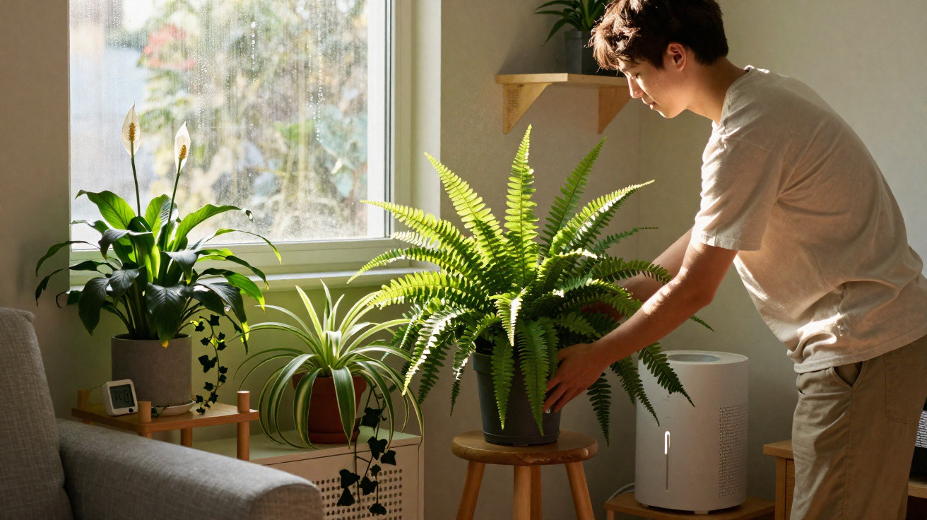 Person tending to a large fern on a wooden stool by a sunlit window with other houseplants nearby.