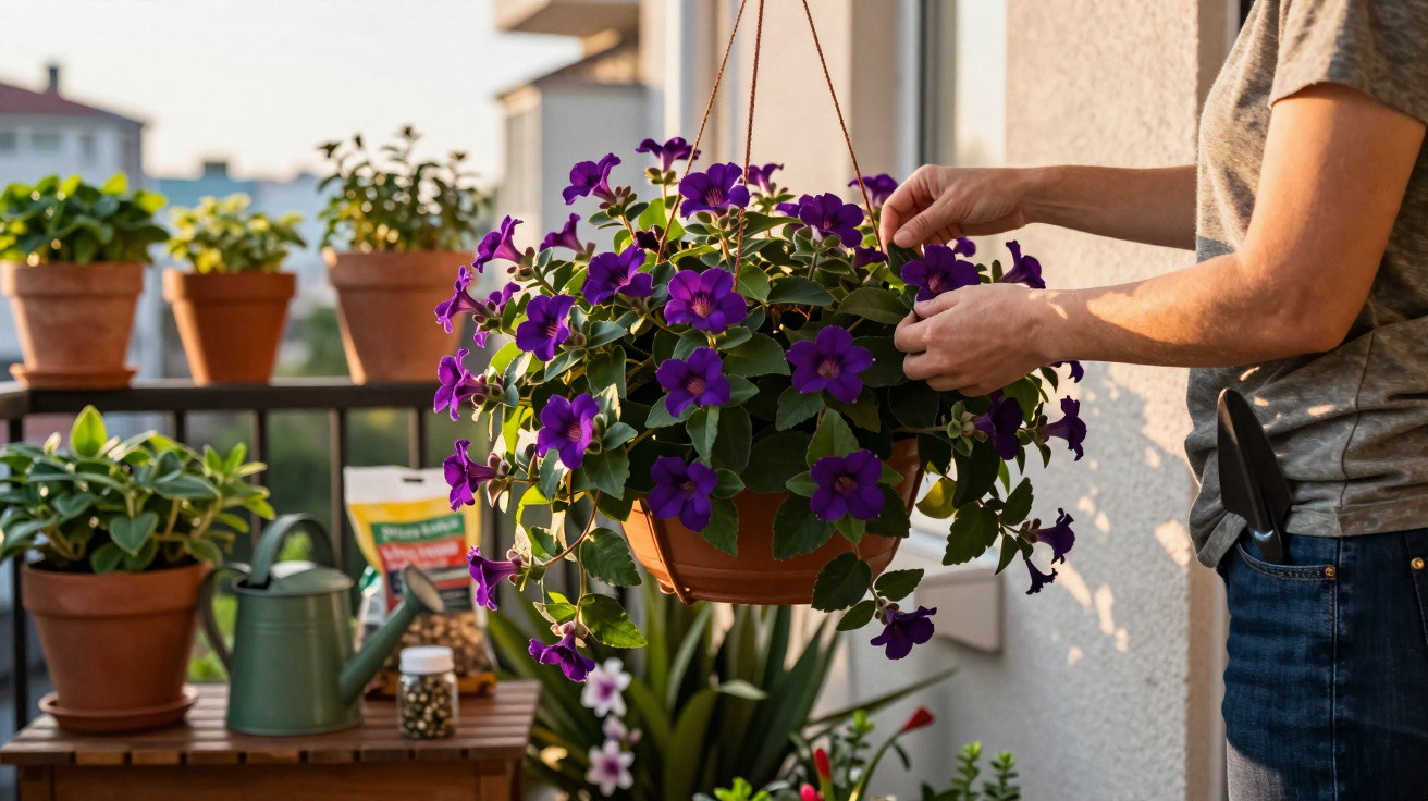 Person tending to a hanging pot of purple flowers on a sunny balcony with other potted plants nearby.
