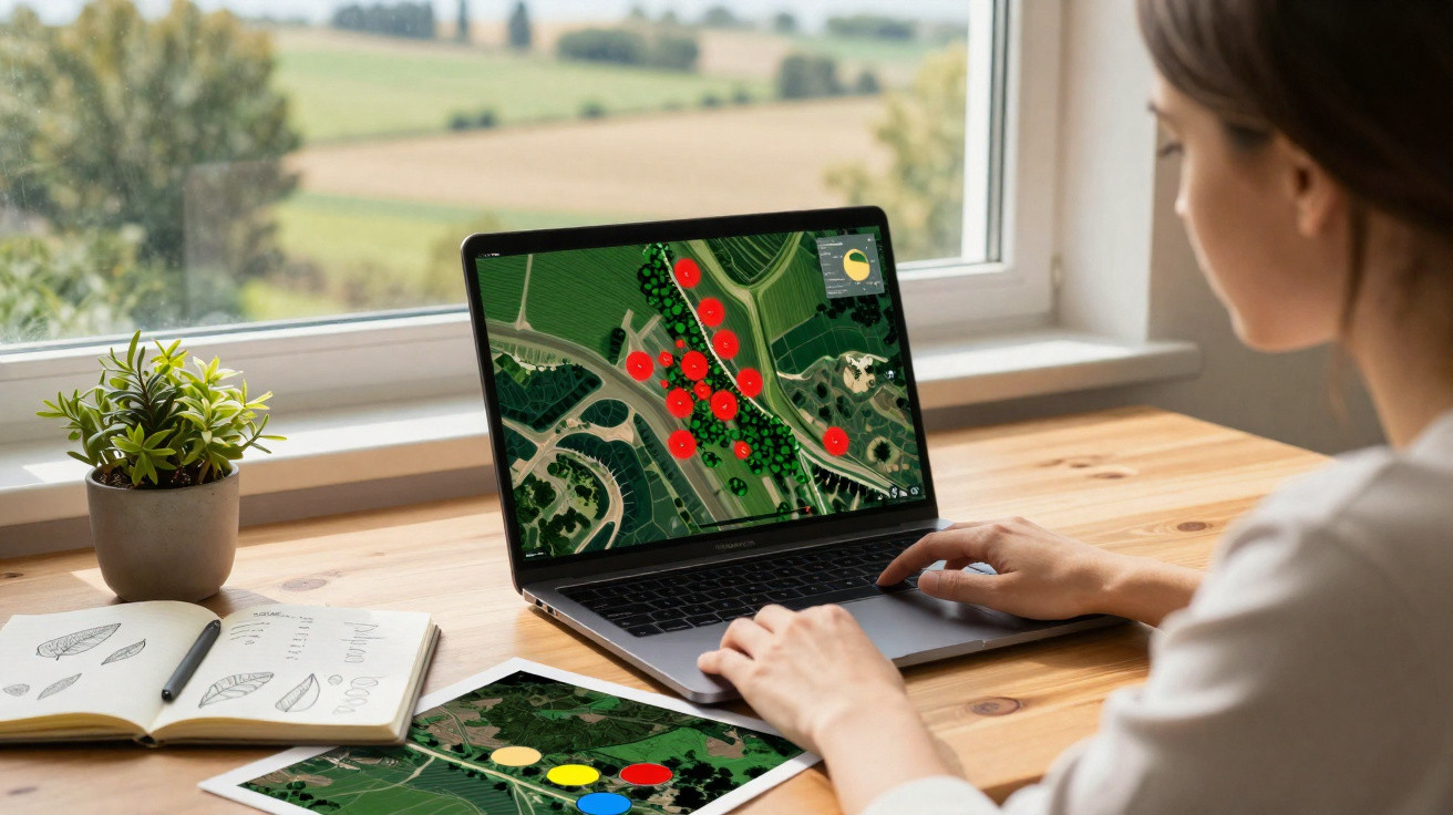 Person analysing agricultural data with red, yellow, and blue markers on laptop and tablet screens at wooden desk.