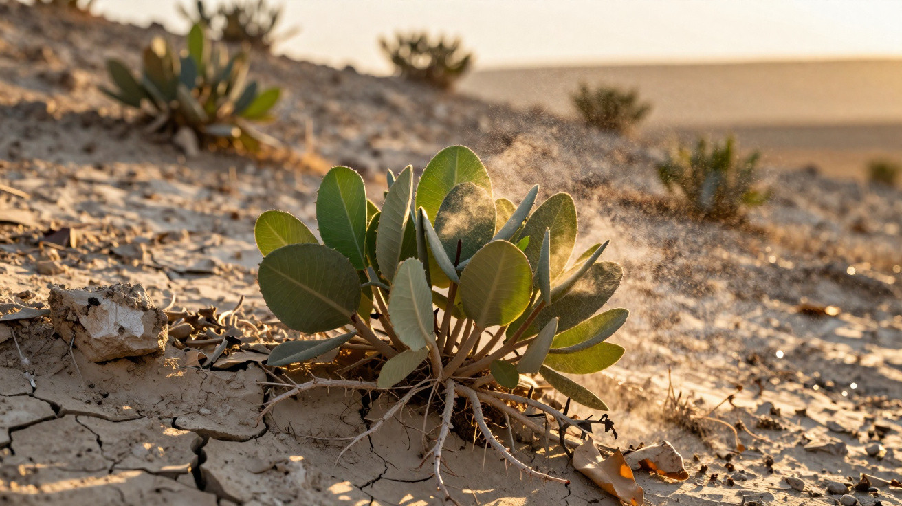 Green desert plant with broad leaves growing on cracked dry soil under warm sunlight.