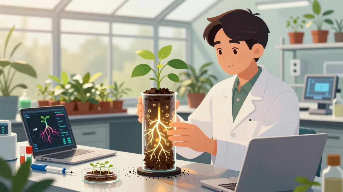 Scientist in lab coat studying plant roots in tall glass container with laptops and plants in background.