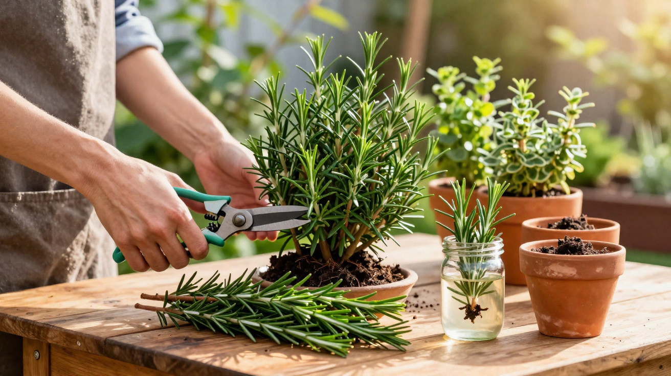 Person pruning a rosemary plant indoors with gardening shears and potted herbs on a wooden table.