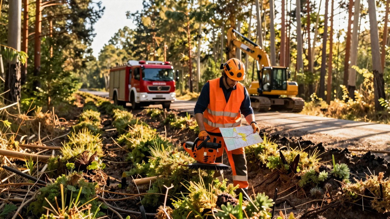 Forestry worker in orange safety gear holding a map and chainsaw with fire truck and digger in forest clearance.