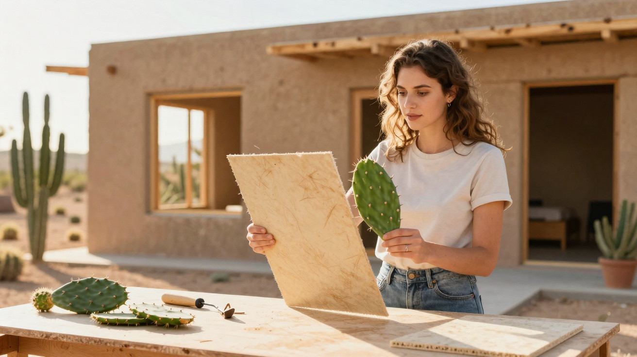 Young woman holding a cactus pad and a wooden board outside a desert adobe house during daytime.