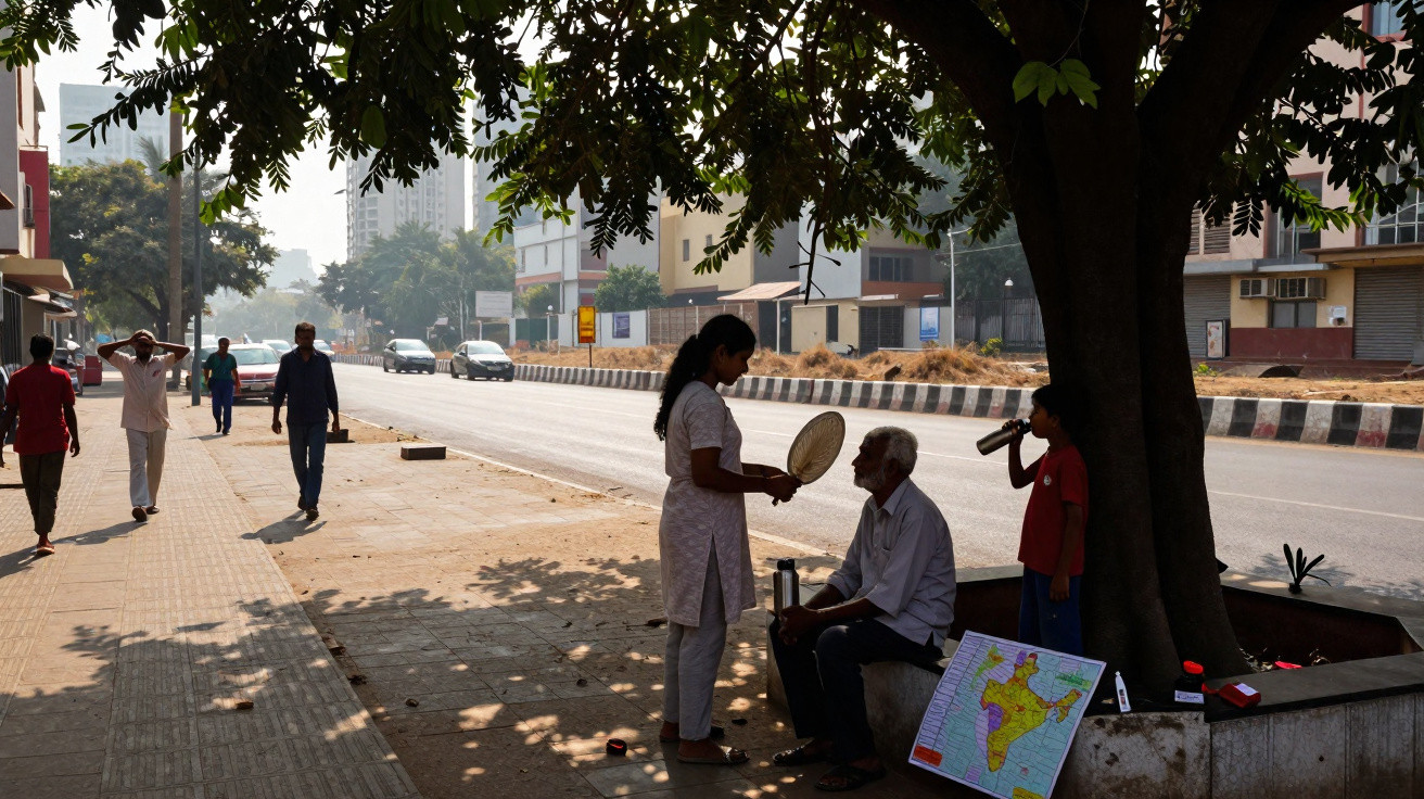 People on a city sidewalk, a woman fanning an elderly man sitting under a tree with a map and a child nearby.