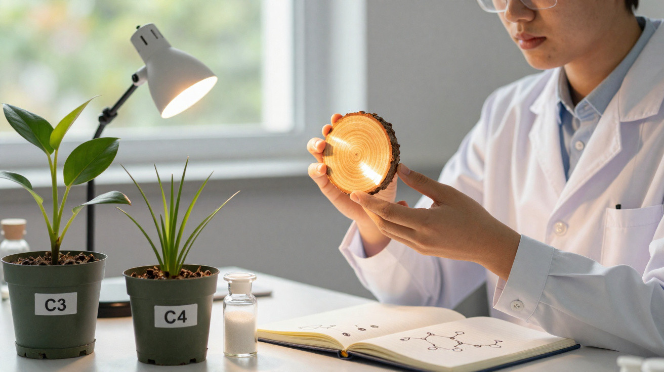 Scientist in lab coat examining a wood cross-section next to labelled plant pots and a notebook with molecular diagrams.