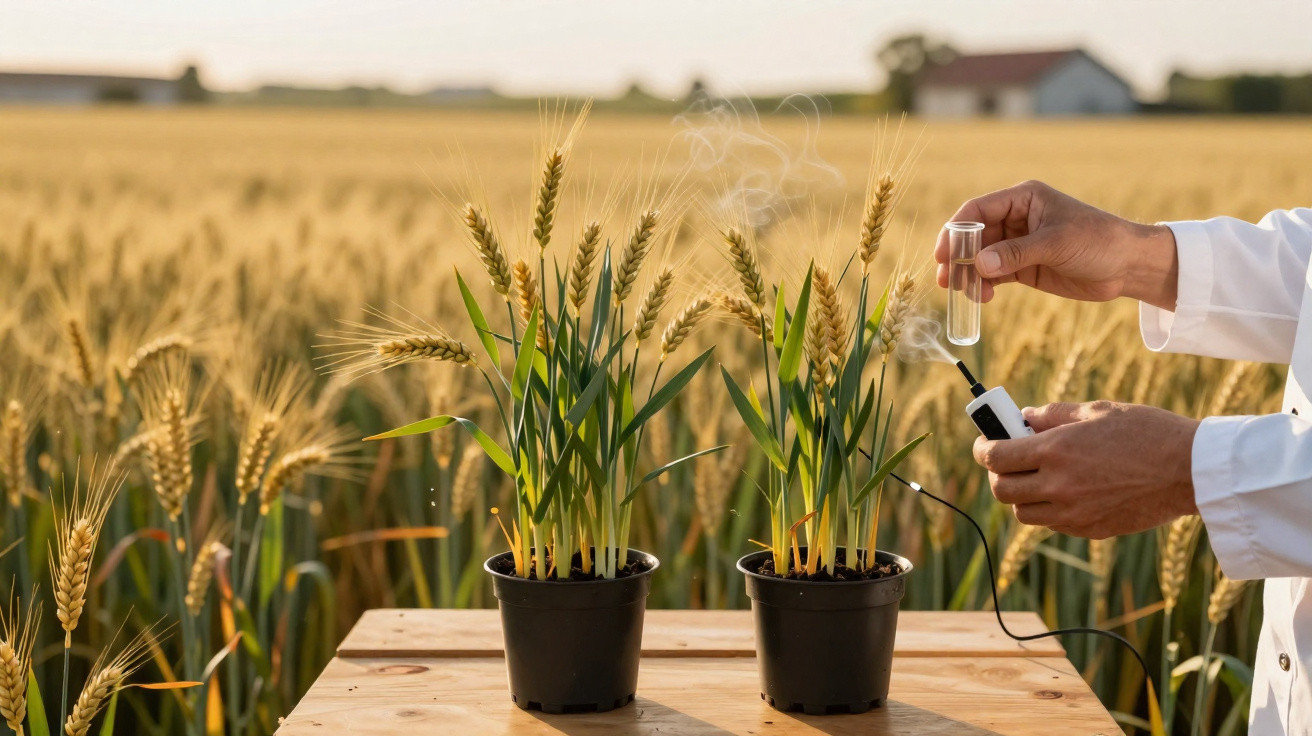 Scientist testing wheat plants in pots using a device emitting smoke in a field during sunset.