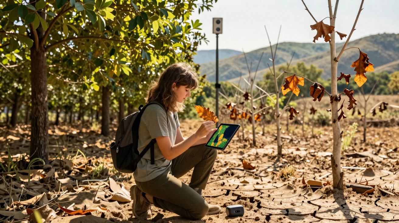 Young woman with backpack using a tablet to study dry soil and trees in a sunlit orchard or field.