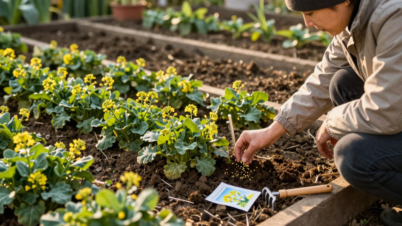 Person planting yellow flower seeds in a garden bed beside blooming green plants on a sunny day