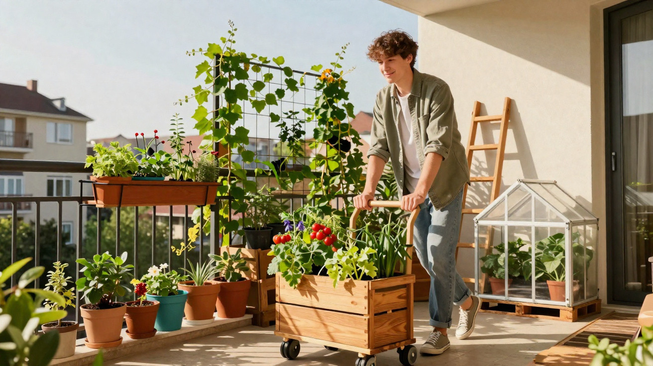 Young man tending to thriving plants on a sunny balcony garden with various pots and a small greenhouse.