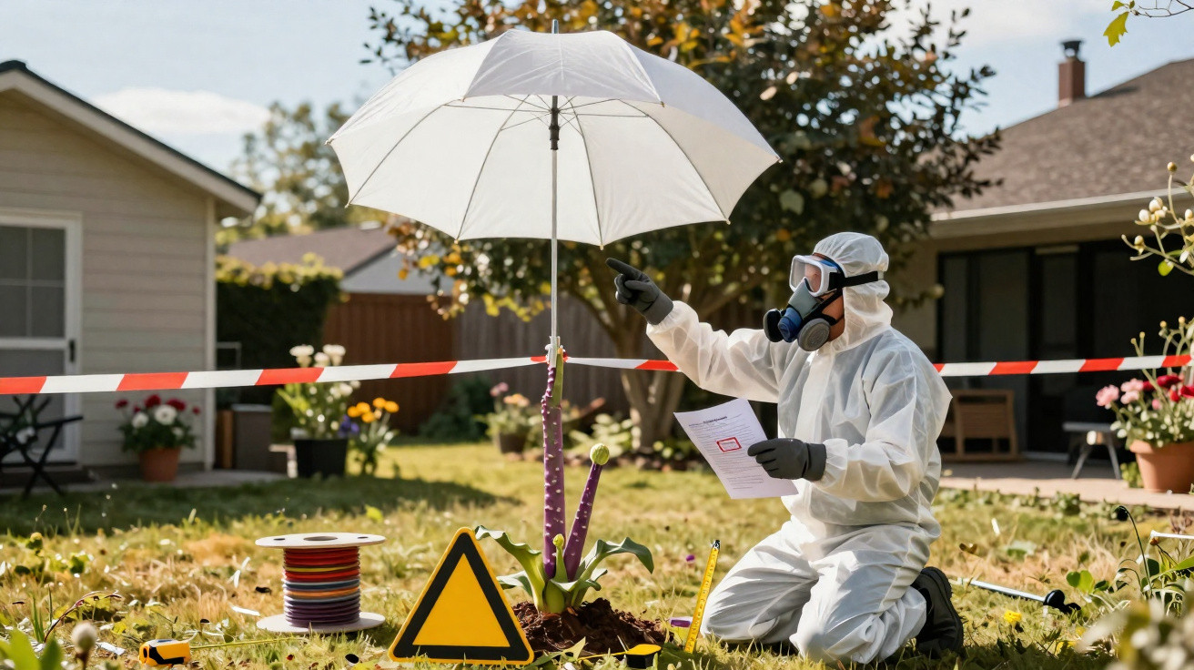 Person in protective suit and gas mask holding paper, pointing under white umbrella in taped-off garden area