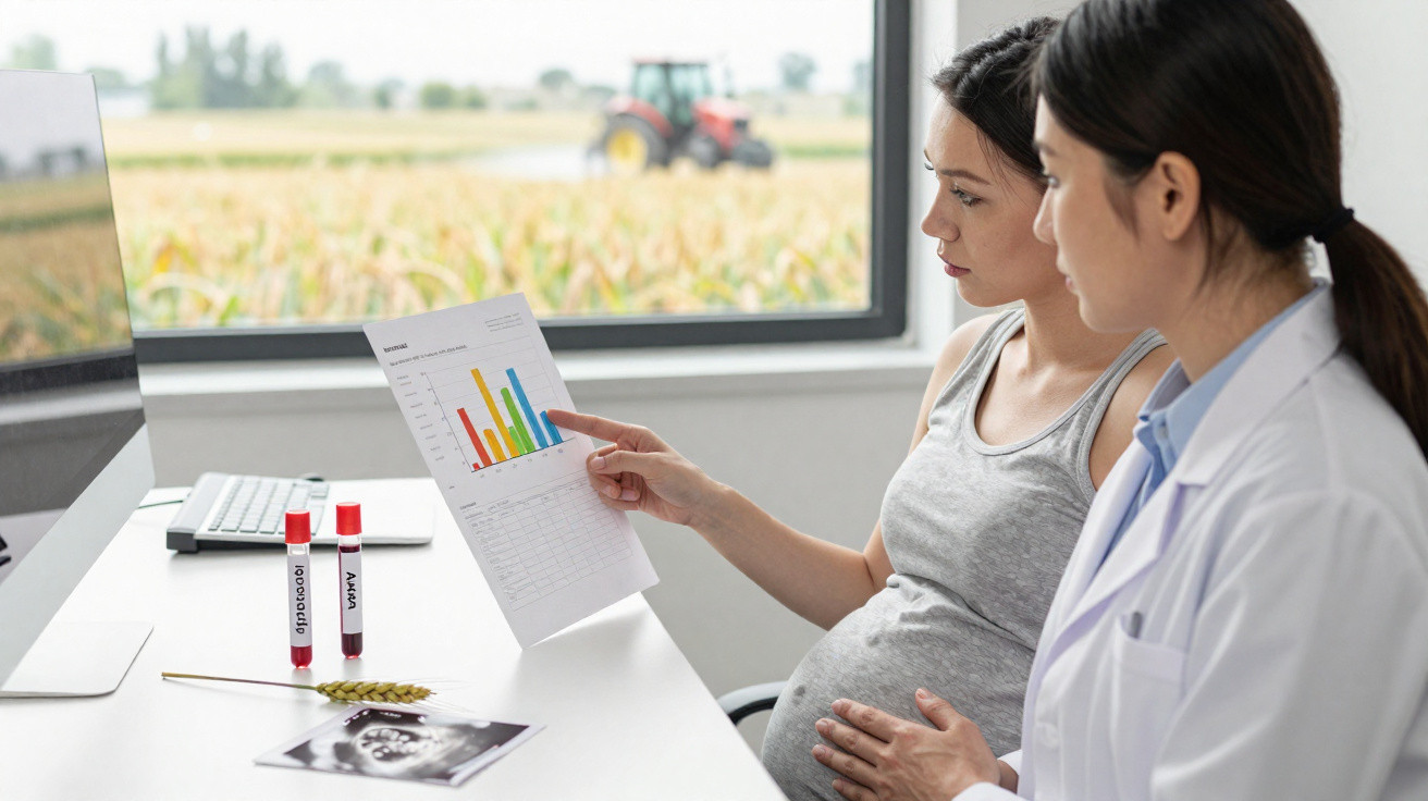 Pregnant woman and doctor discussing chart in a medical office with ultrasound and test tubes on the desk.