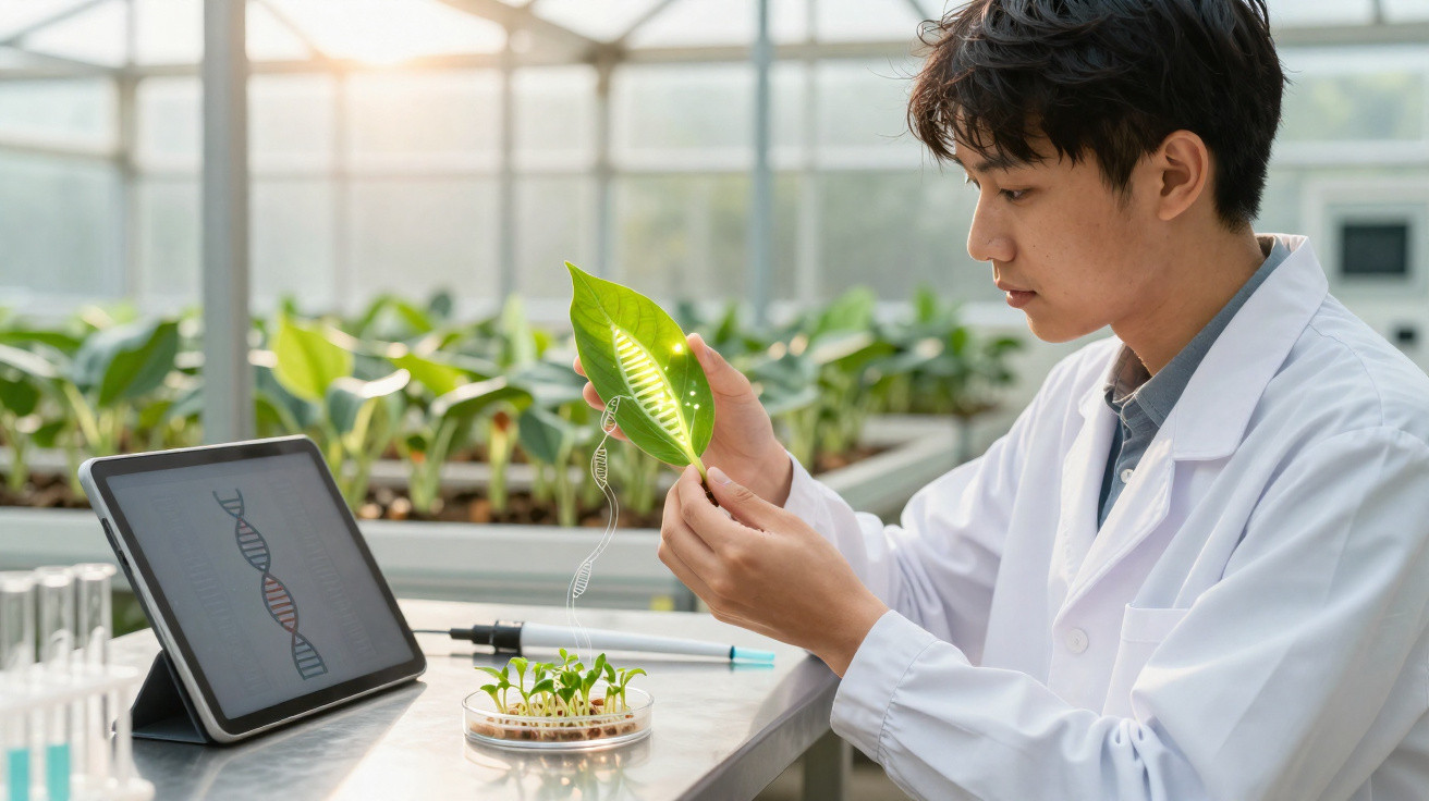 Scientist examining a plant leaf with DNA analysis displayed on a tablet in a greenhouse laboratory.