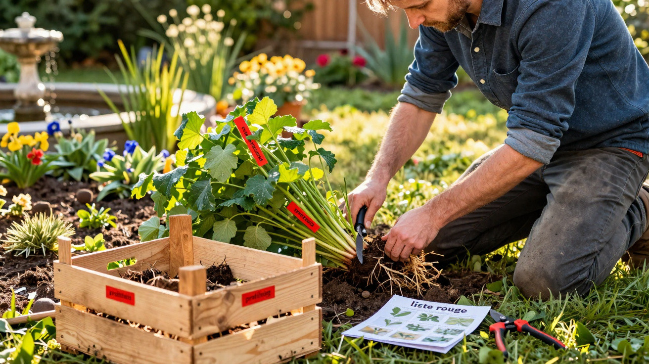Man kneeling in garden cutting roots from plants with pruning shears, wooden crate and plant guide nearby.