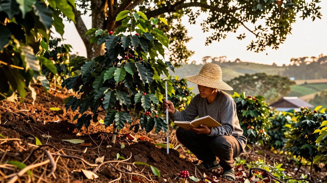 Person in a straw hat examining coffee plants with ripe red cherries in a sunlit plantation.
