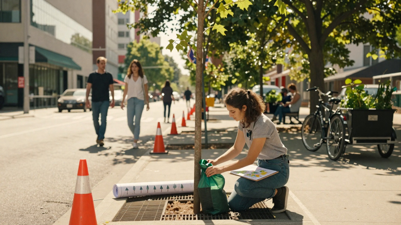 Young woman watering a tree on a city sidewalk with orange cones and pedestrians in the background.