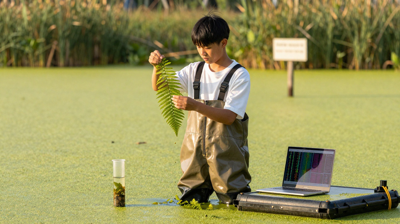 Young scientist in chest waders examining a fern leaf in a green pond with water sample and laptop nearby