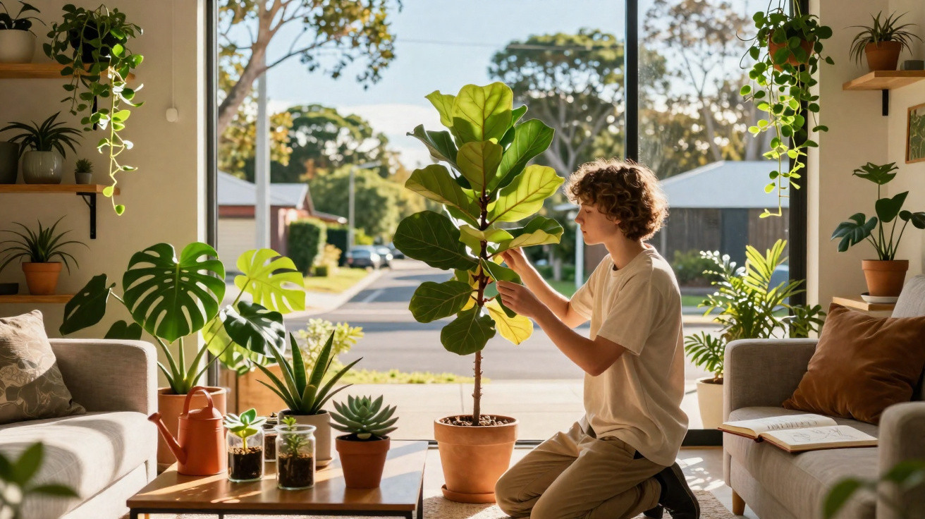 Young person kneeling indoors tending to a large potted plant surrounded by other indoor plants in sunlight.